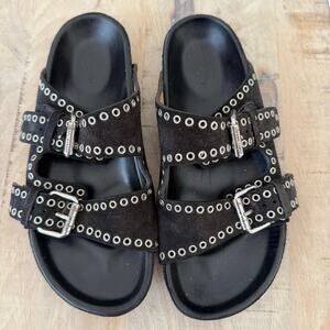 Isabel Marant Black Suede Studded Sandals Size 38 –Designer Double Buckle Slides